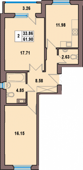Двухкомнатная квартира 61.9 м²