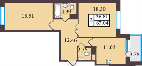 Двухкомнатная квартира 67.04 м²