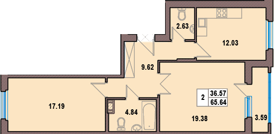 Двухкомнатная квартира 65.64 м²