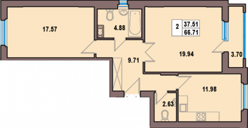 Двухкомнатная квартира 66.71 м²