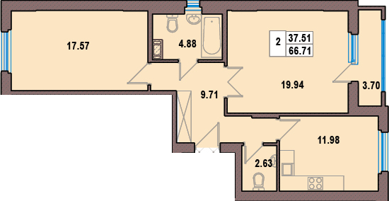 Двухкомнатная квартира 66.71 м²