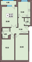 Трёхкомнатная квартира 93.65 м²