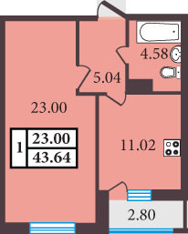 Однокомнатная квартира 43.64 м²